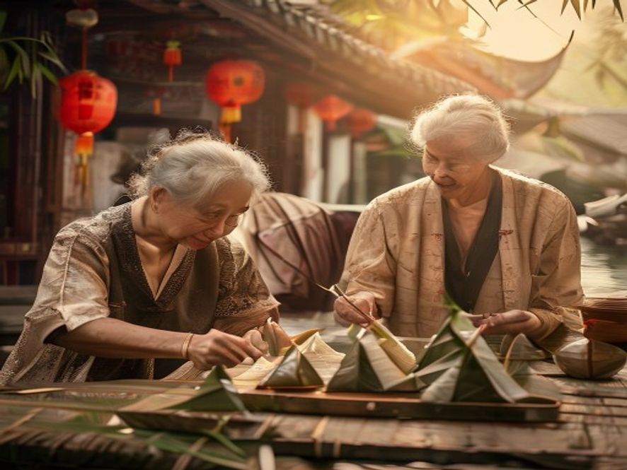 外国游客在中国古镇体验包粽子