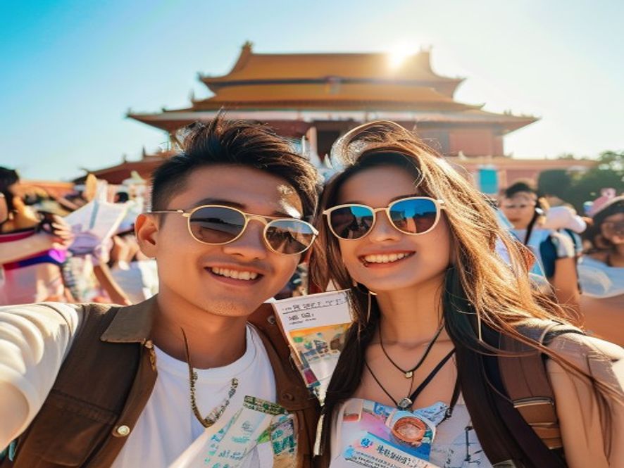 中国游客在泰国曼谷大皇宫前合影留念