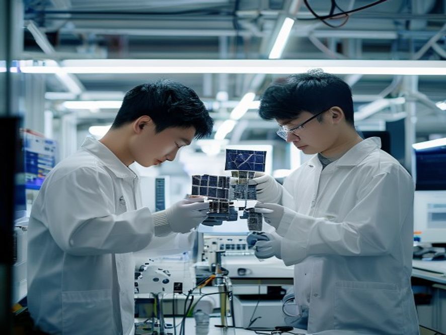 小型商业卫星在洁净室中组装测试,工程师正在操作