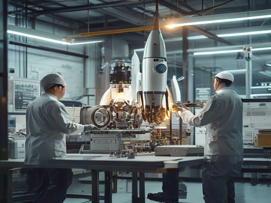 技术人员在火箭工厂检查可复用火箭发动机和3D打印零件