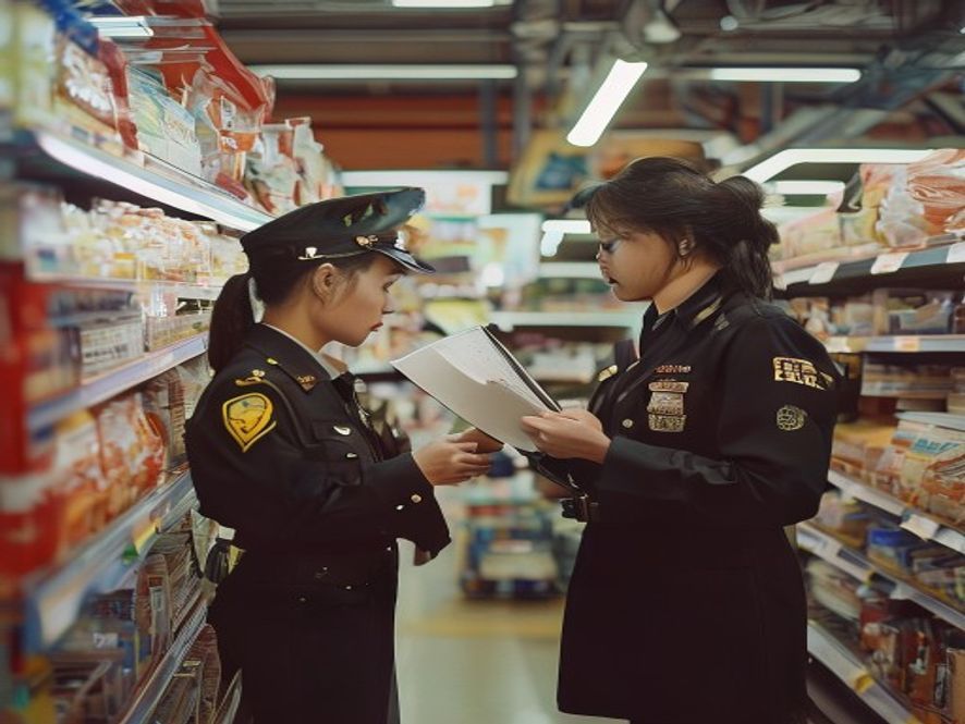 市场监管人员在山姆超市检查商品标签