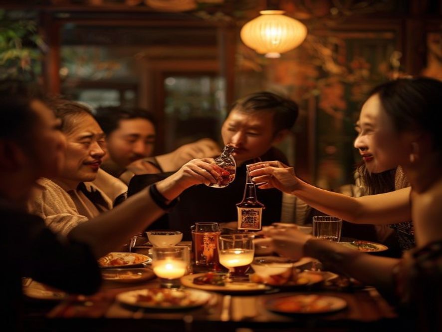 中年朋友在饭局上主动倒茅台并品评白酒