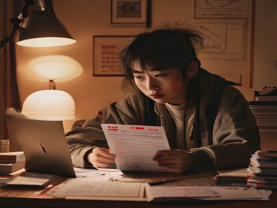 学生看着电脑屏幕上错误的志愿表,旁边有红笔划掉的提示