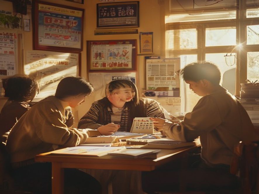 考生和家长在书桌前翻阅志愿填报资料,墙上贴着分数线海报