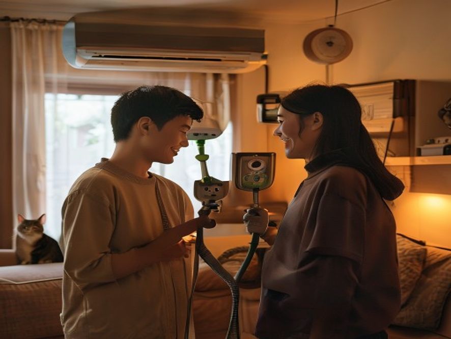 消费者家庭中,空调安装师傅正在向用户展示数字真空泵的读数