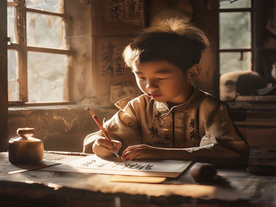 范小勤坐在农村书桌前认真练习书法