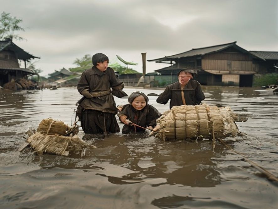 水乡人家带着粽子在洪水中逃难,场景紧迫