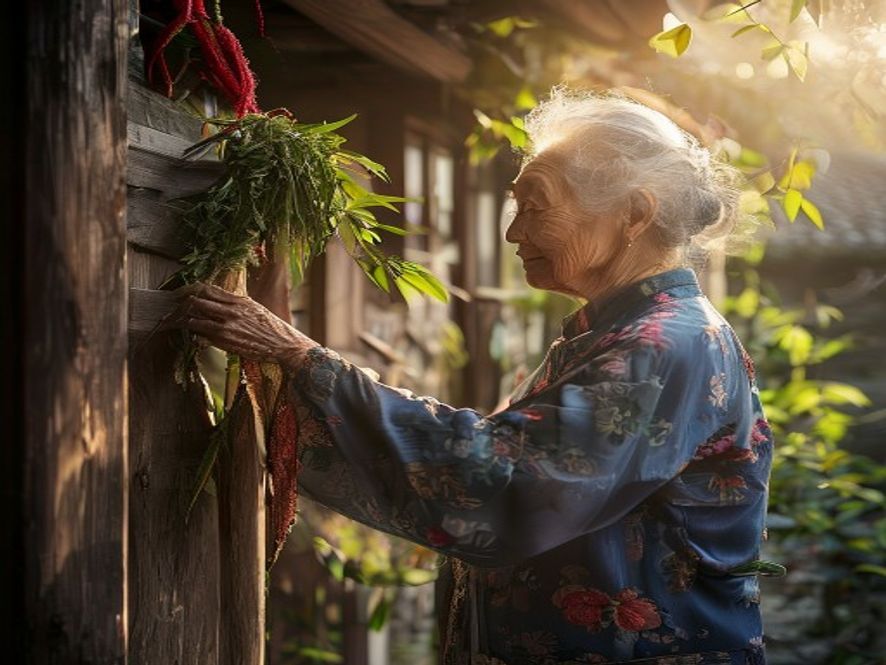 一位老奶奶在门口认真挂艾草,阳光温暖