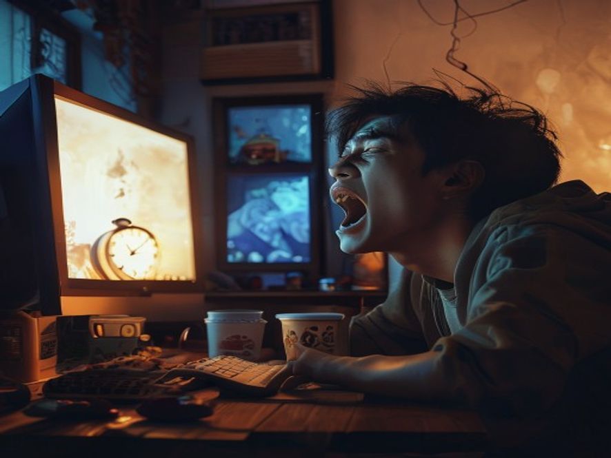 年轻观众在电脑前打哈欠观看动画战斗慢动作