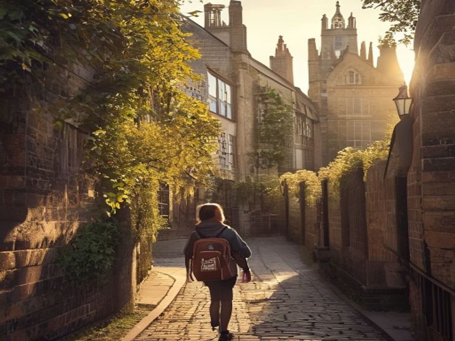 英国牛津大学校园场景,学生走过古老建筑