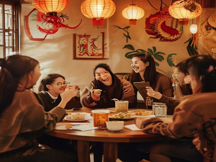 一群朋友围坐吃粽子,有人拿着笔记讲解端午文化