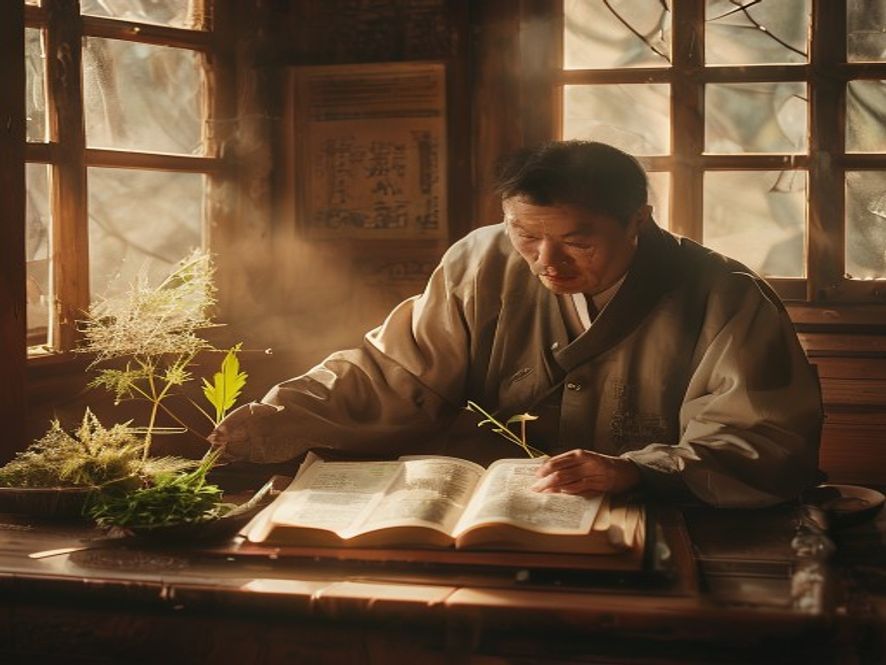 一个人翻阅地方志,桌上放着粽子和端午习俗资料