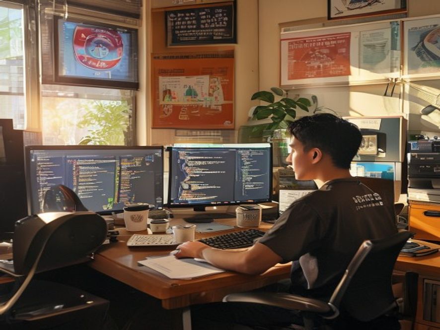 IT工程师在三亚办公室工作,背景展示自贸港政策