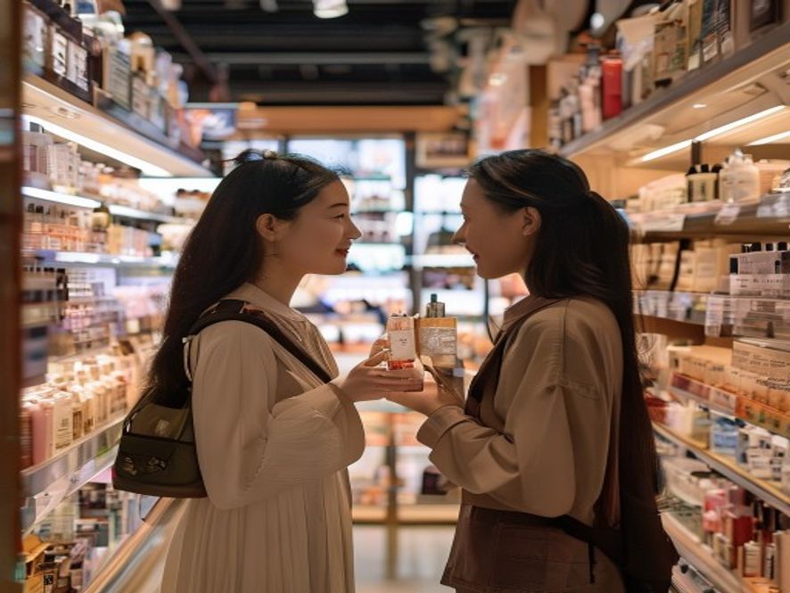 顾客在海南免税店选购进口护肤品
