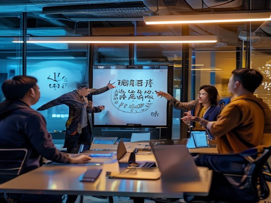 互联网公司会议室里连夜开会,时钟显示凌晨4点