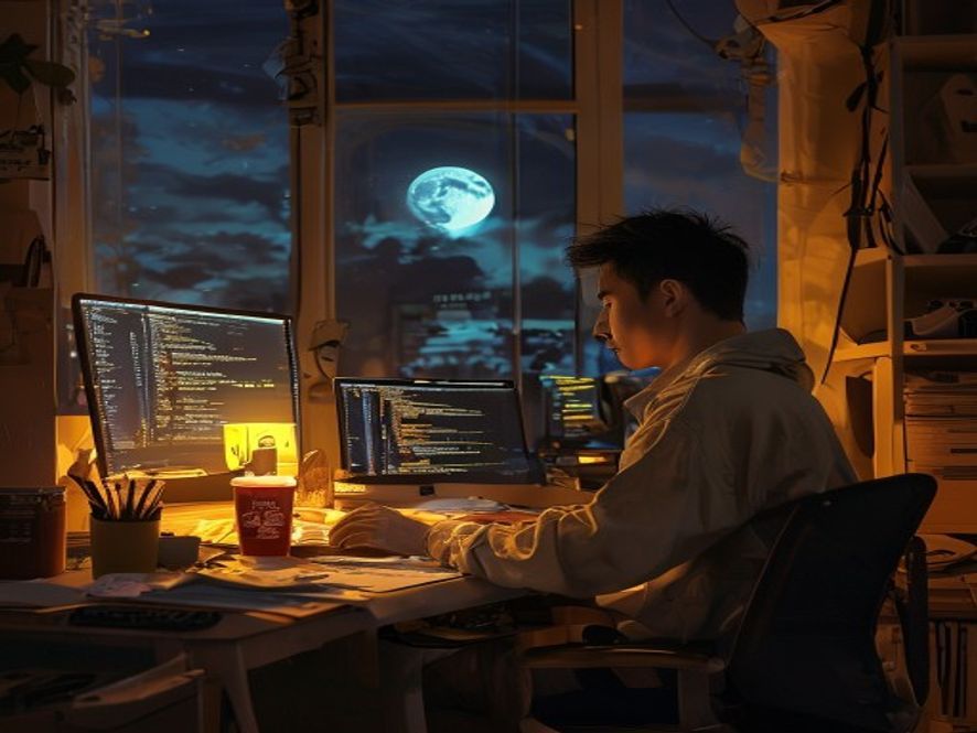 深夜程序员在办公室加班,窗外明月高悬