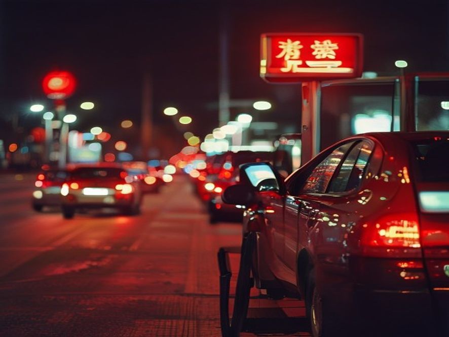 夜晚加油站排队的长龙,车内驾驶员疲倦地等待,尾灯闪烁