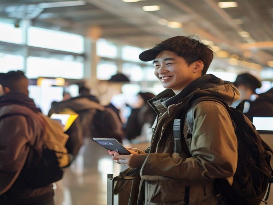 机场快速通道,一位年轻男子顺利办理落地签,旁边旅客焦急翻手机