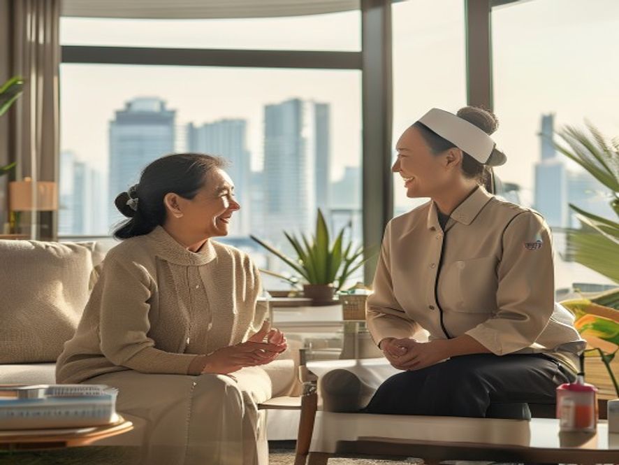 一位中国中年女性与家政服务人员在家中客厅交谈,智能音箱和清洁工具在旁,窗外是城市景观