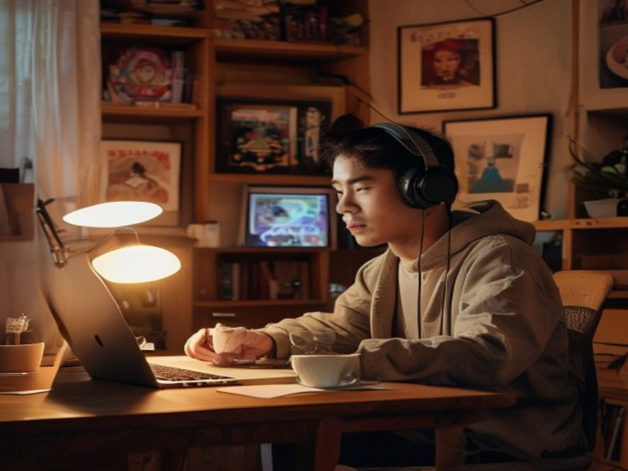 一位中国男性在书房里戴着耳机观看线上课程,笔记本电脑和咖啡杯在桌上,墙上挂着数字艺术画