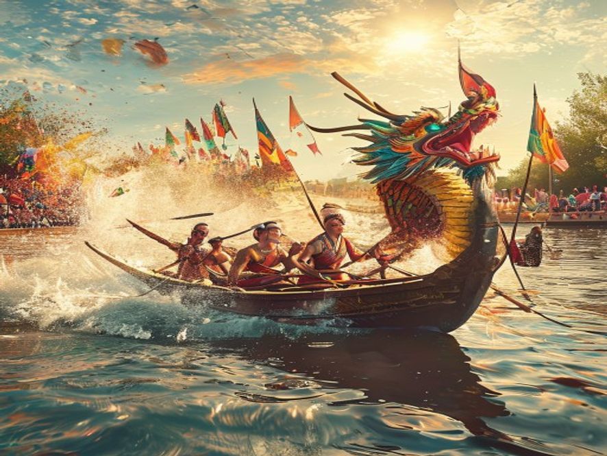古代龙舟竞渡的激烈场面