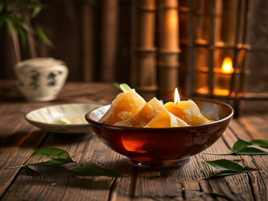 一碗琥珀色雄黄酒放在古旧木桌上,旁边有粽子,暗示端午节氛围