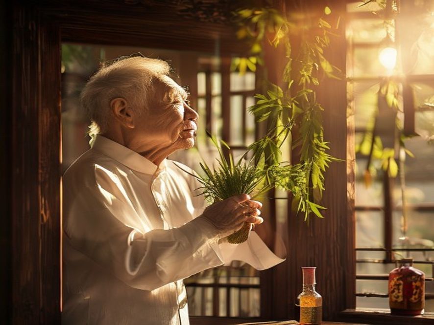 一位老人正在门框上挂艾草,传统端午节习俗