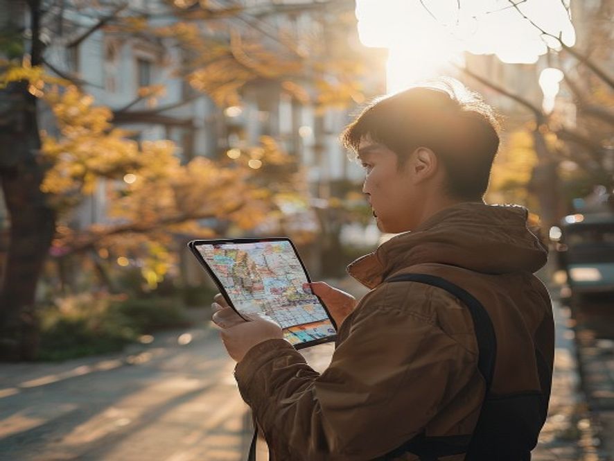 一位年轻人正在手机上查看地图,屏幕显示清晰卫星街景,背景是城市街道