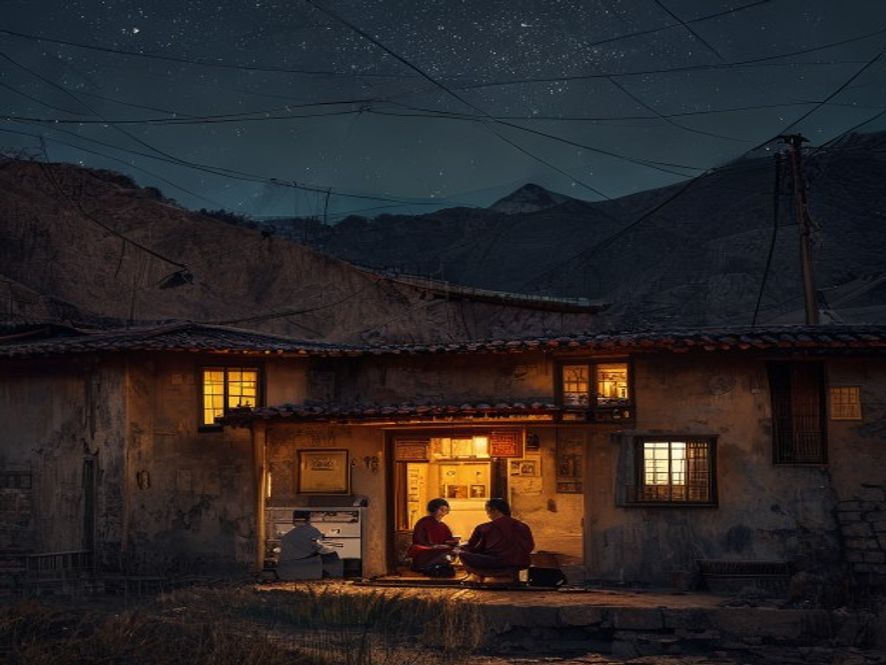 水电站投产后的当地藏族家庭夜晚灯火通明的房屋