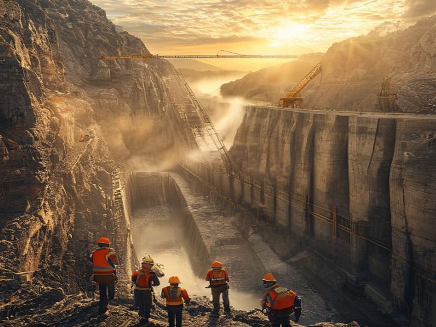 工人在峡谷中建设水电站大坝的施工场景