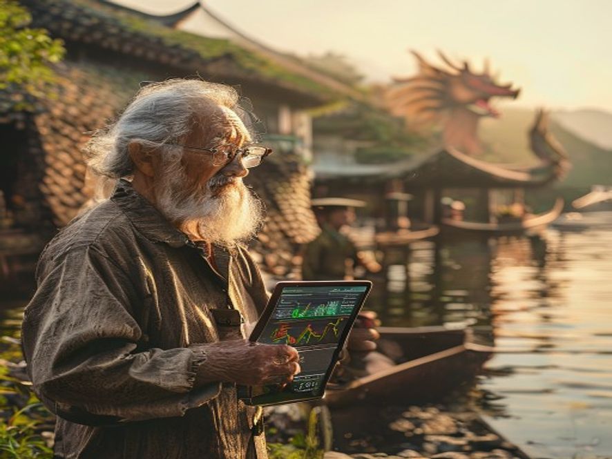 村长老叔在岸上用平板指挥装GPS的龙舟