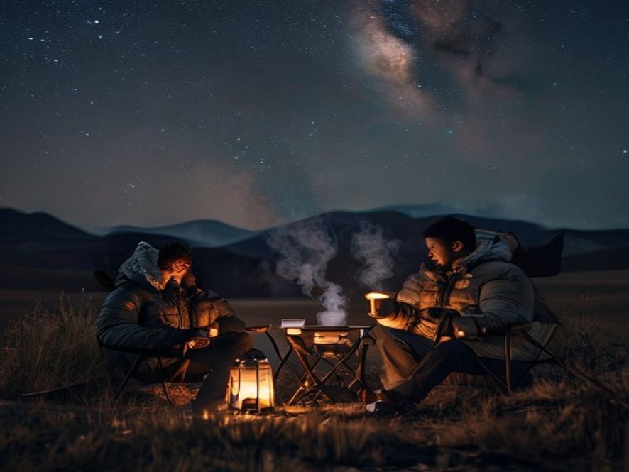 夜晚在川西草原裹着外套喝热茶看星空