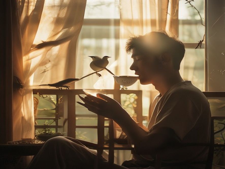 清晨,年轻人在阳台吃早餐,听鸟叫,享受早起时光