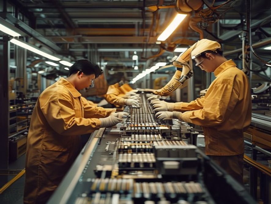 中国高技术工厂内,工程师在先进电池生产线上工作