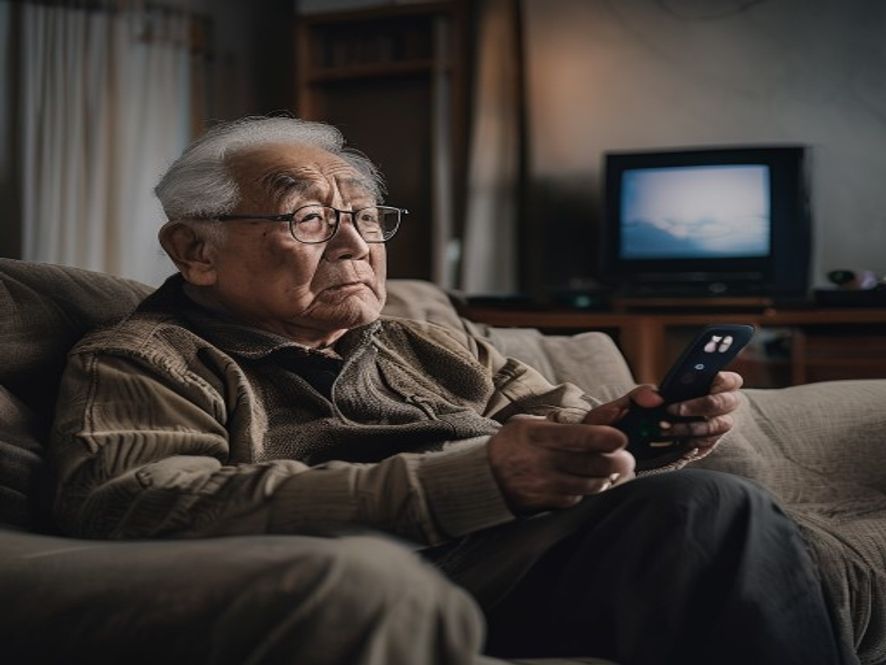 老年父亲面对电视遥控器感到困惑