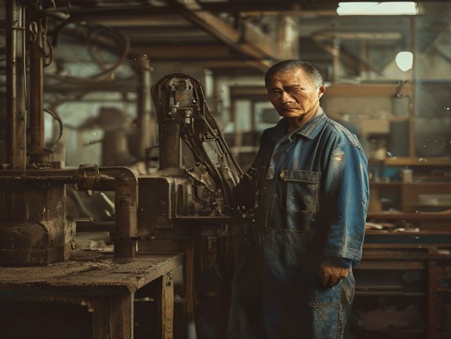 一位中年工人父亲在老旧工厂中工作的场景