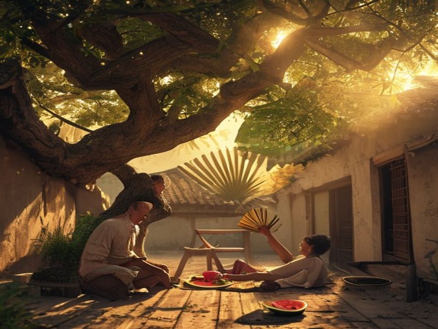 夏夜村口老槐树下纳凉的人们