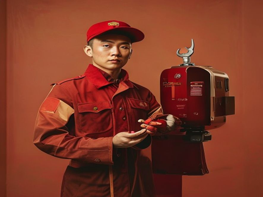 快递员一手拿着甜枣一手拿着维修工具,表情复杂