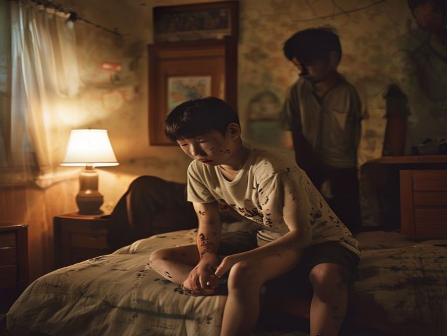 一个普通家庭的男孩坐在床边,父母在旁边无奈地叹息