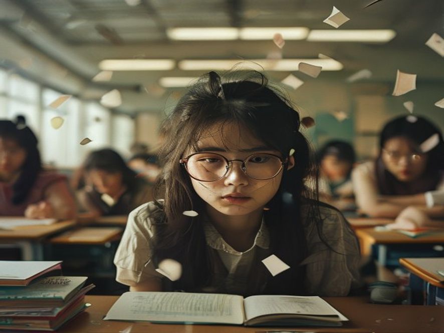 一个戴眼镜的小女孩在教室里被同学扔纸团和嘲笑