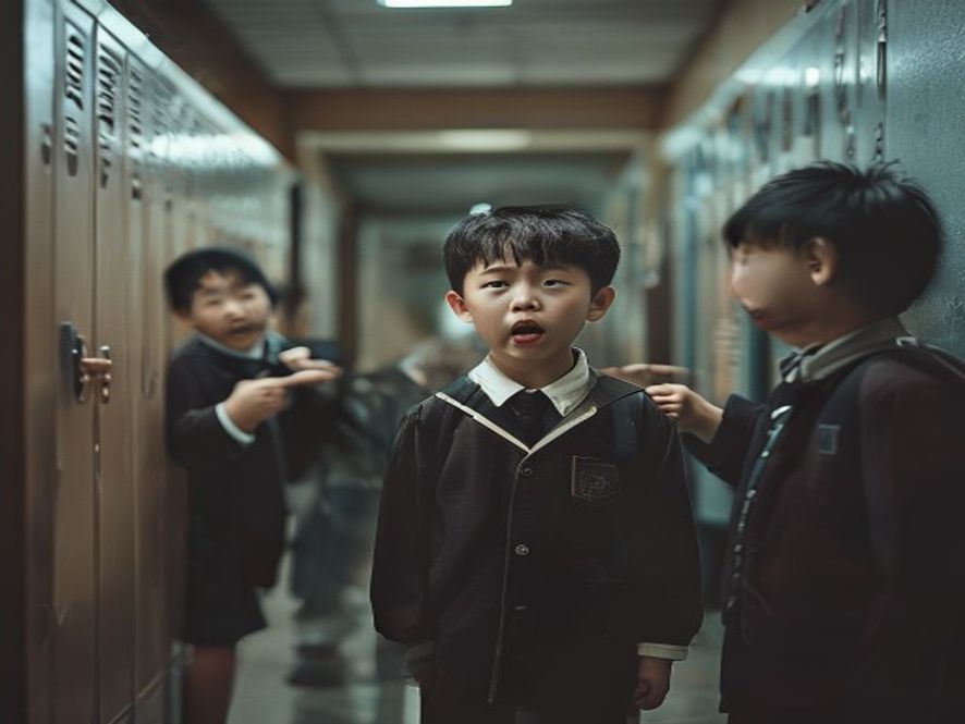 瘦小的男孩在学校走廊被一群同学围堵嘲笑