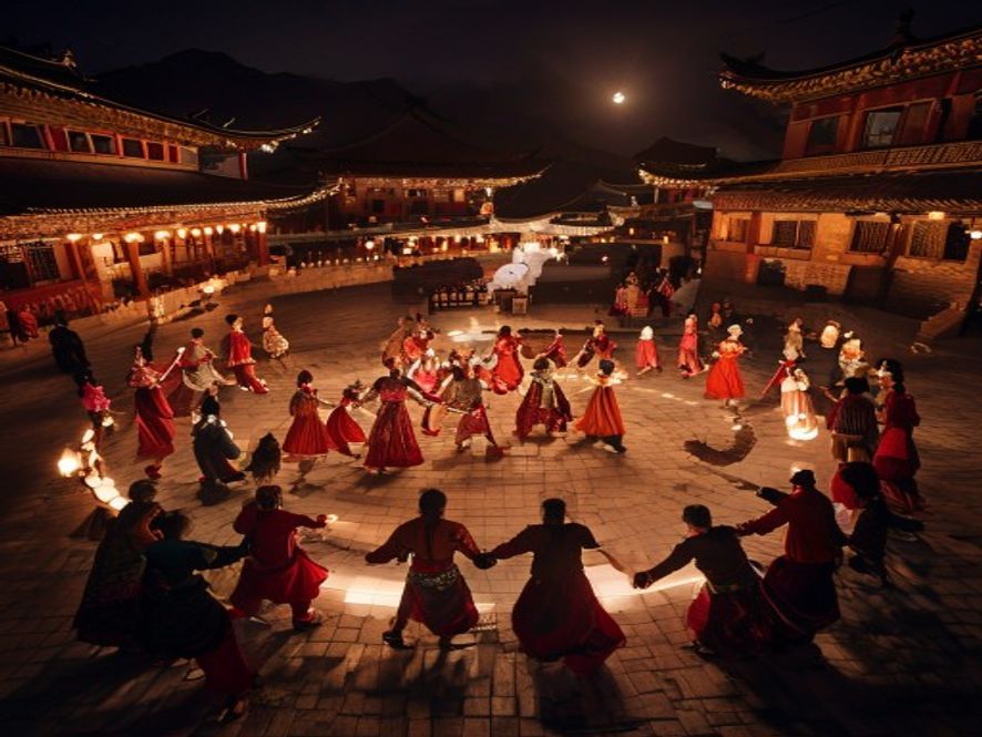 夜晚独克宗古城广场上,几十人围圈跳打跳