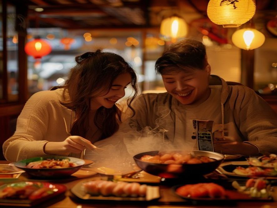 年轻人享用丰盛的寿喜烧自助餐