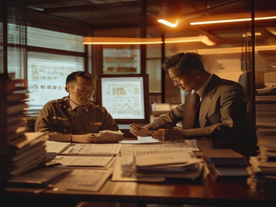 税务人员与会计在办公室查阅旧账本和电脑上的金税四期数据