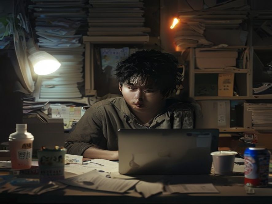 年轻人在深夜加班吃外卖,桌上放着胃药