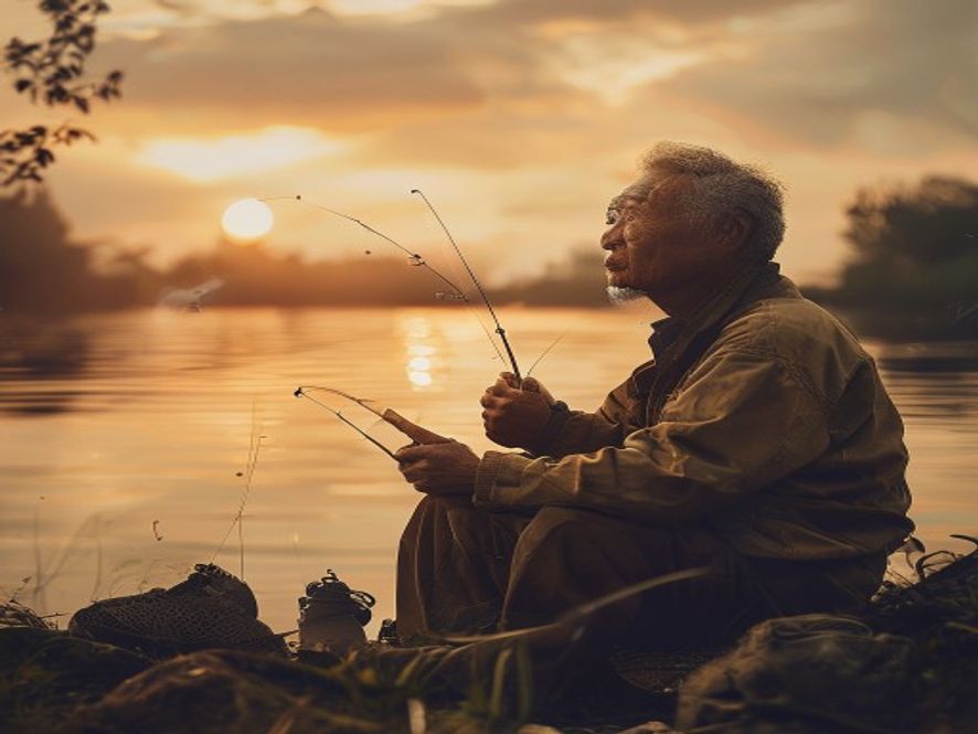 老丈人坐在河边抽烟沉思