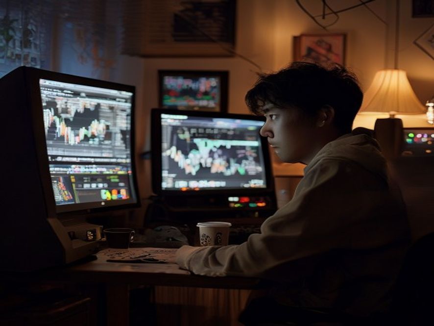 年轻散户深夜盯盘,屏幕显示韩国股市暴跌和杠杆ETF数据,桌上放着弹珠机玩具