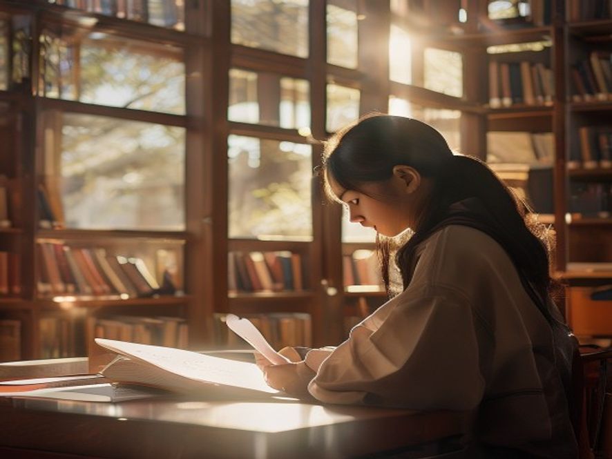 大学生在图书馆阳光中专注学习,桌上放着录取通知书