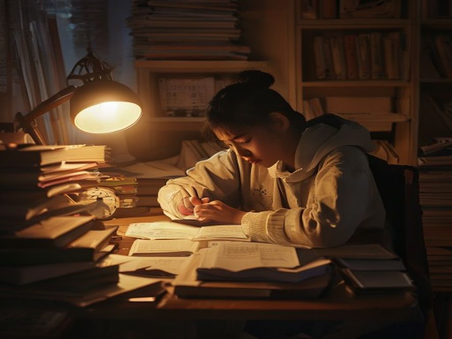 深夜书桌前堆满复习资料和试卷的考生背影