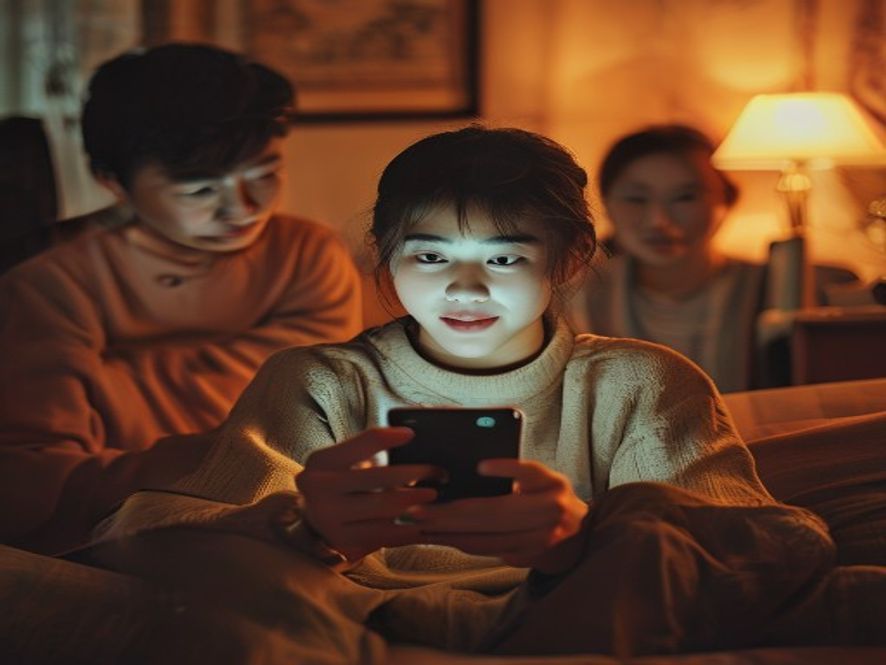 考生和家人一起查看手机上的高考成绩,表情惊喜